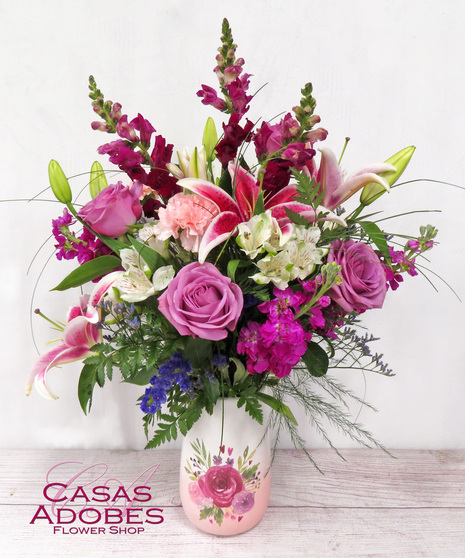 Pink Ombre Vase with Stargazers, roses, stock, snapdragons, carnations