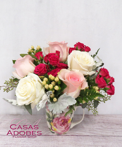 Ceramic mug with garden roses painted on it designed with fresh pink, white and hot pink roses  and dusty miller