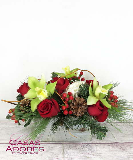 Wooden Box with red roses, white hydrangea, berries, curly willow, pine cones with holiday pine