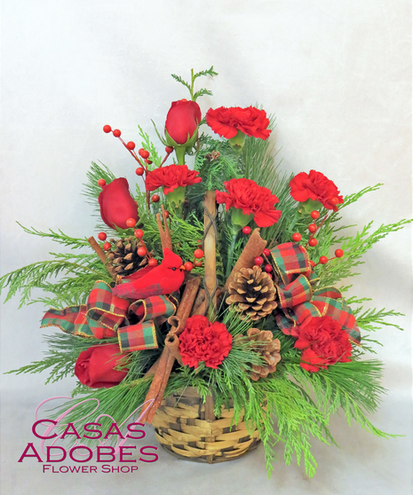Basket of Red Carnations, Cardinal, and Holiday Greenery