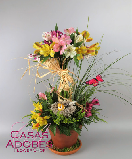 Topiary design with spring color alstroemeria lilies 