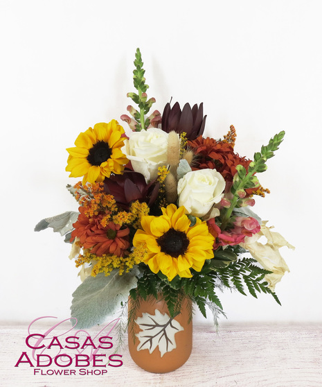 Fall Mason Jar with sunflowers, bronze chrysanthemums, solid aster, bunny tails, safari sunsets, dusty miller