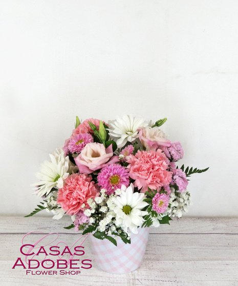 Pink Gingham Container with white daisies, pink carnations, pink asters, pink lisianthus and baby's breath