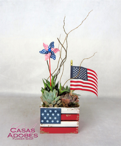 Wood crate box with American flag painted on it with succulent plants, curly willow and American flag accent and pinwheel included