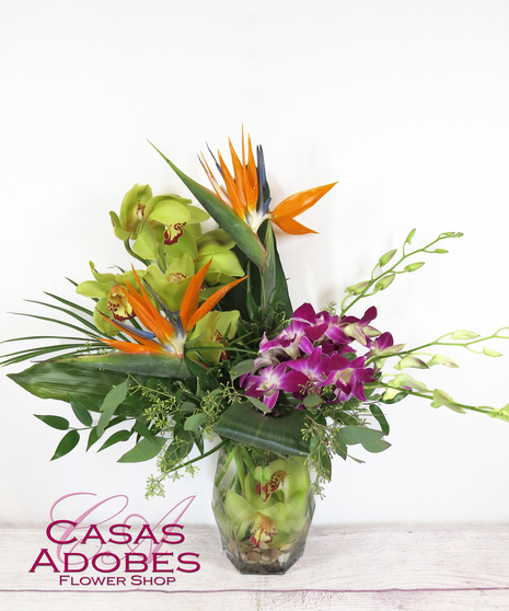 Vase with Birds of Paradise and Orchids with tropical foliage 