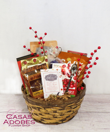Holiday Chocolate Gift Basket with chocolates, nuts, pretzels