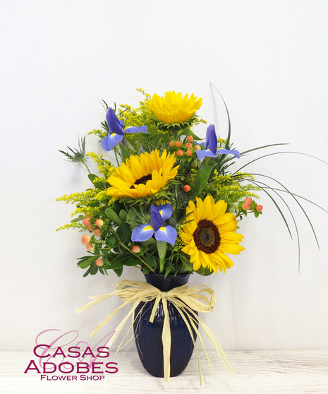 Cobalt Blue Vase with Sunflowers, iris, thistle, and solid aster